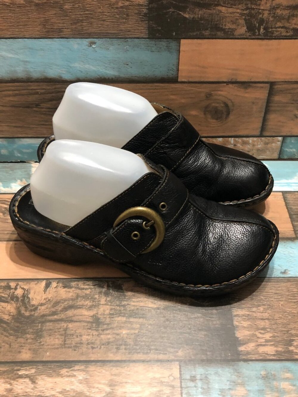 Bolo by Born Mules Slip On Wedges Black Leather Women's Size 10 M/W